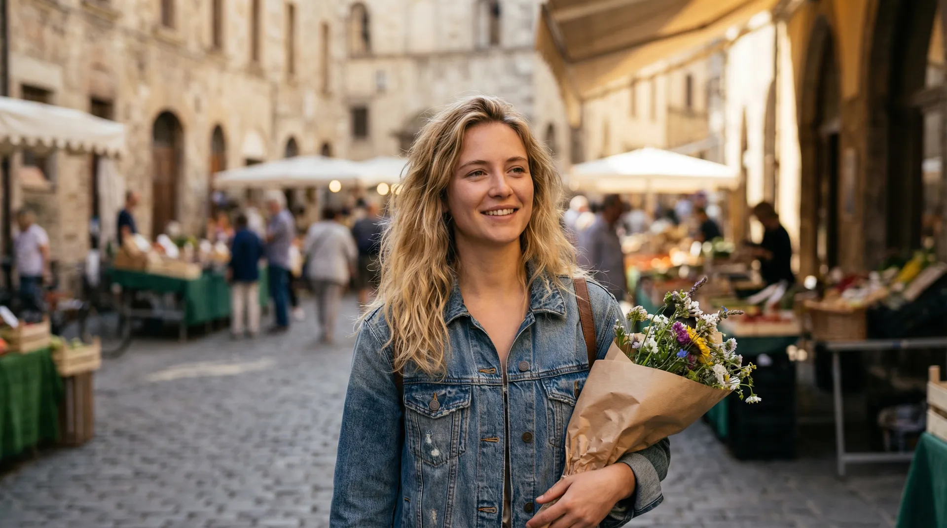 欧洲老城集市上手捧鲜花的东欧女子 - 捷克街头 街头人物